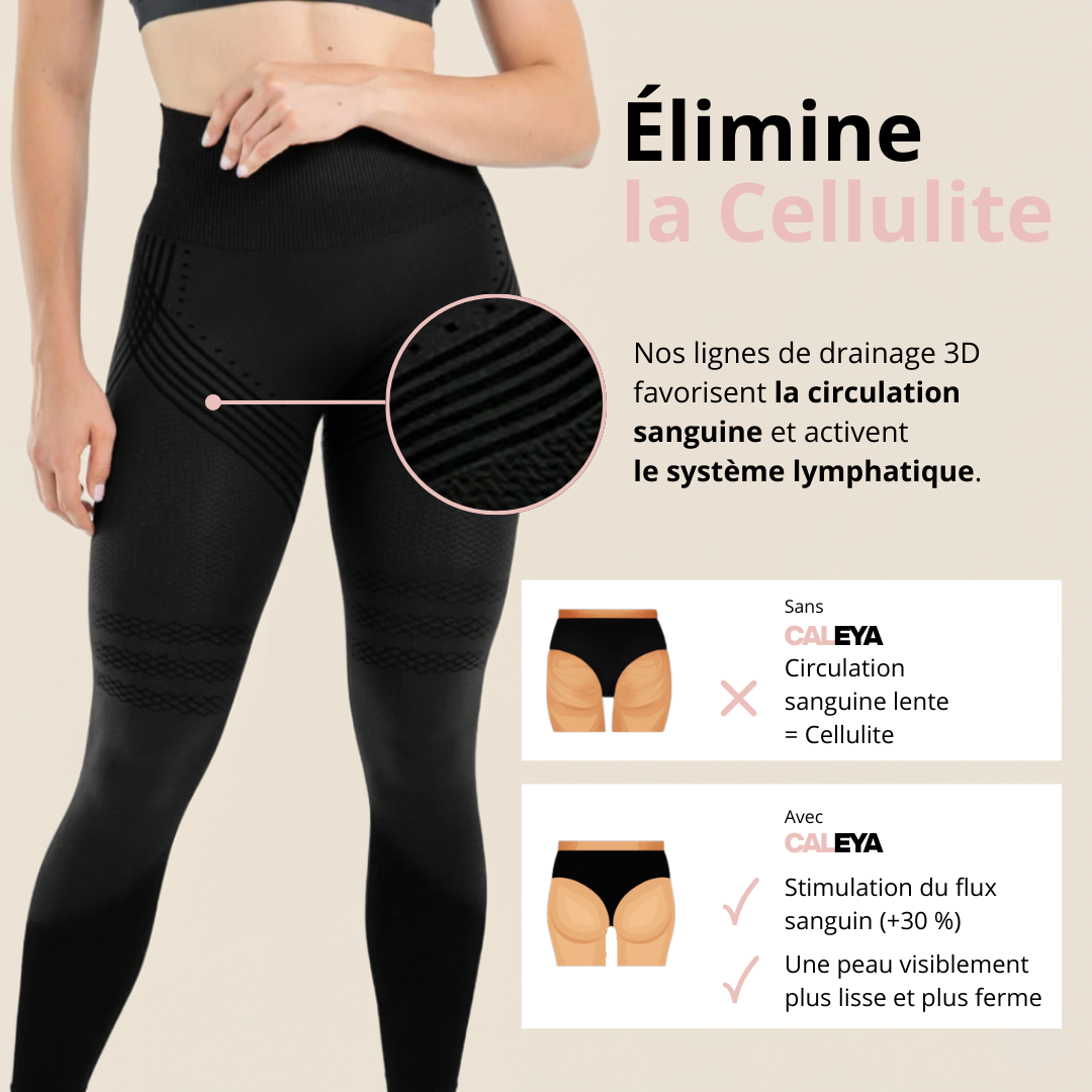 Leggings anti-cellulite Caleya noirs, dotés d'une coupe lisse et d'un tissu extensible pour plus de confort et de maintien pendant l'entraînement.